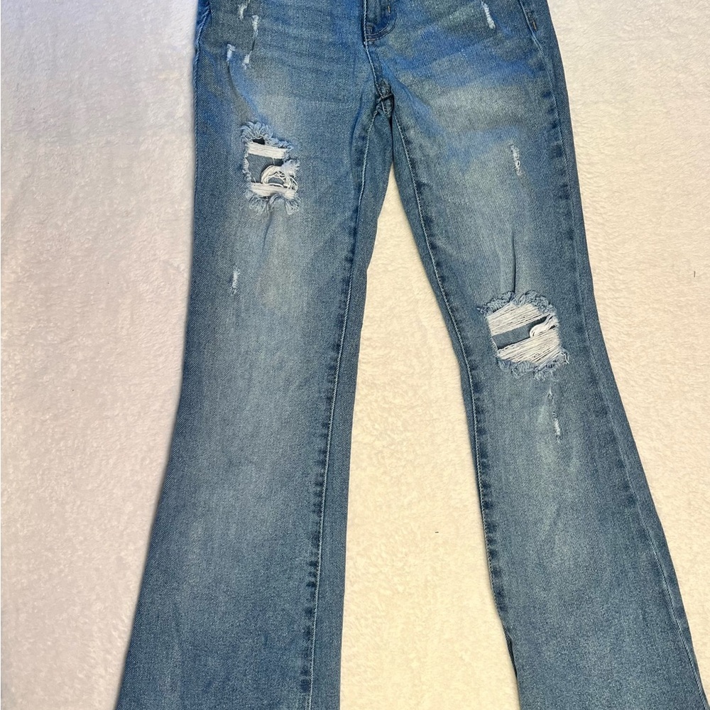 Altar’d State High Rise Flare Jeans Distressed Light Wash Raw Hem Women’s 24